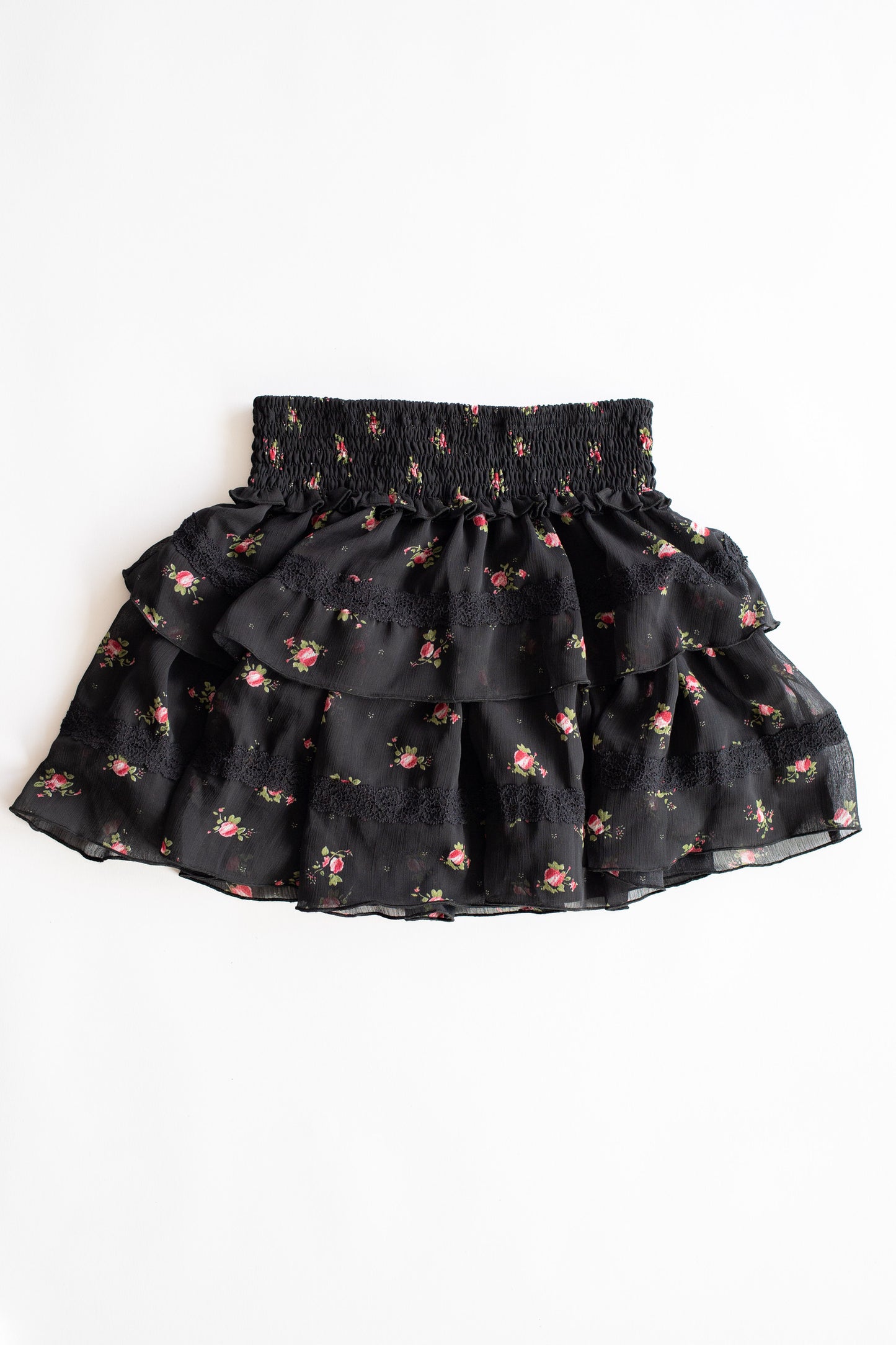 Chiffon + Lace Trim Tiered Skirt | Black Rose