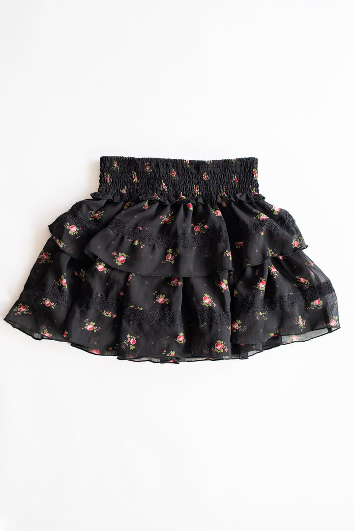 Chiffon + Lace Trim Tiered Skirt | Black Rose