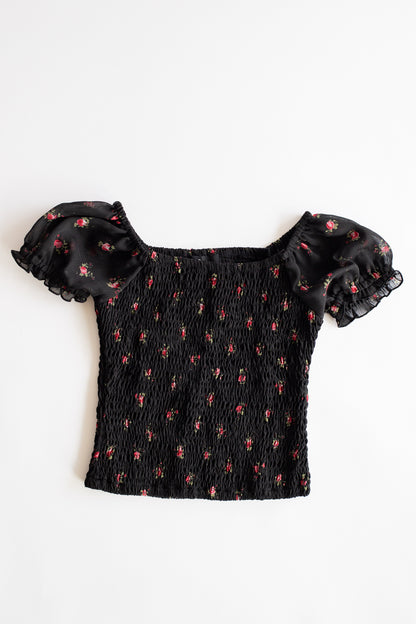 Chiffon Puff Sleeve Smocked Top | Black Rose