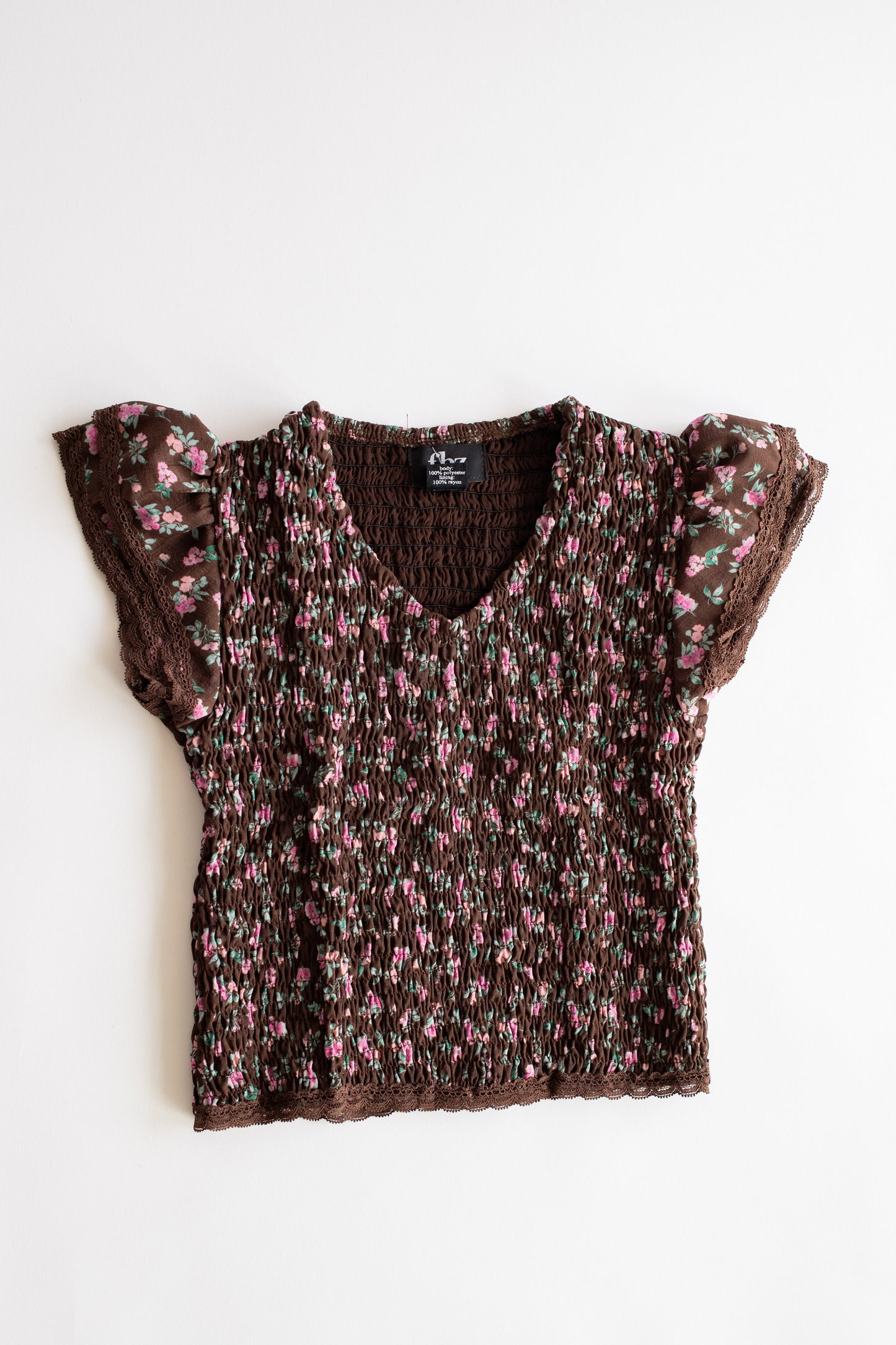 Chiffon Cap Sleeve Smocked Top | Brown + Pink Floral
