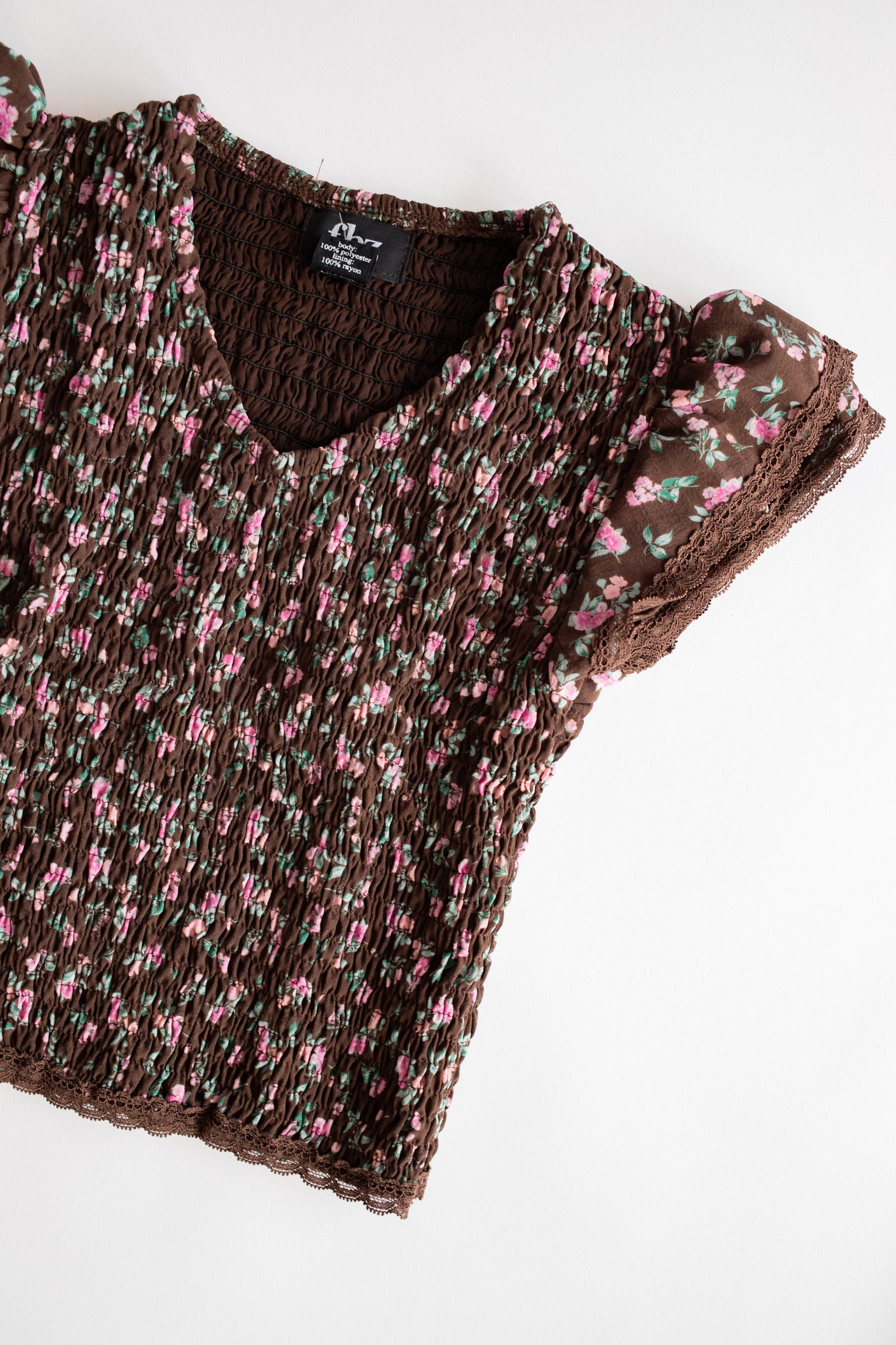 Chiffon Cap Sleeve Smocked Top | Brown + Pink Floral