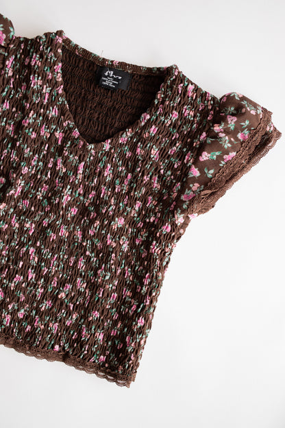 Chiffon Cap Sleeve Smocked Top | Brown + Pink Floral