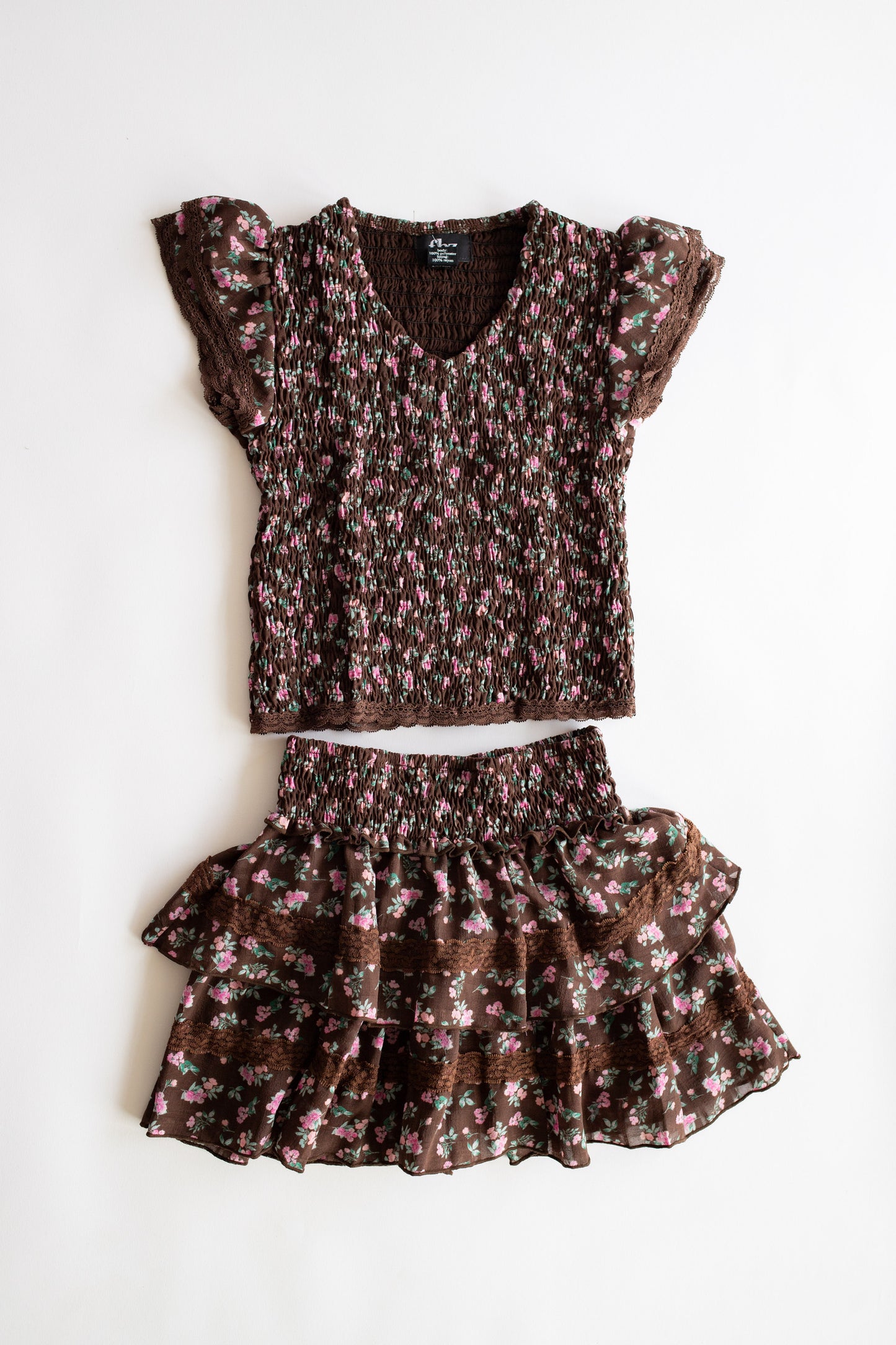 Chiffon + Lace Trim Tiered Skirt | Brown + Pink Floral