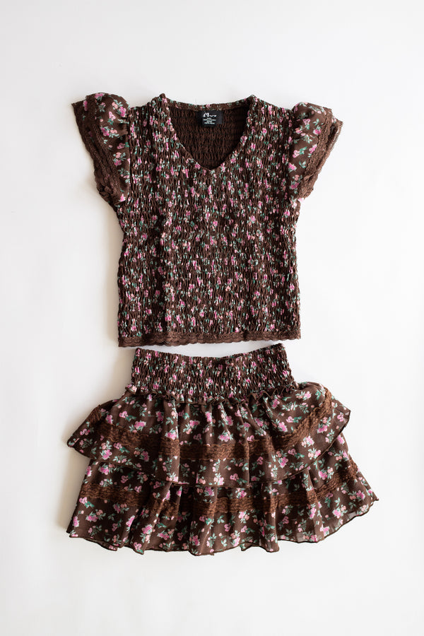 Chiffon Cap Sleeve Smocked Top | Brown + Pink Floral