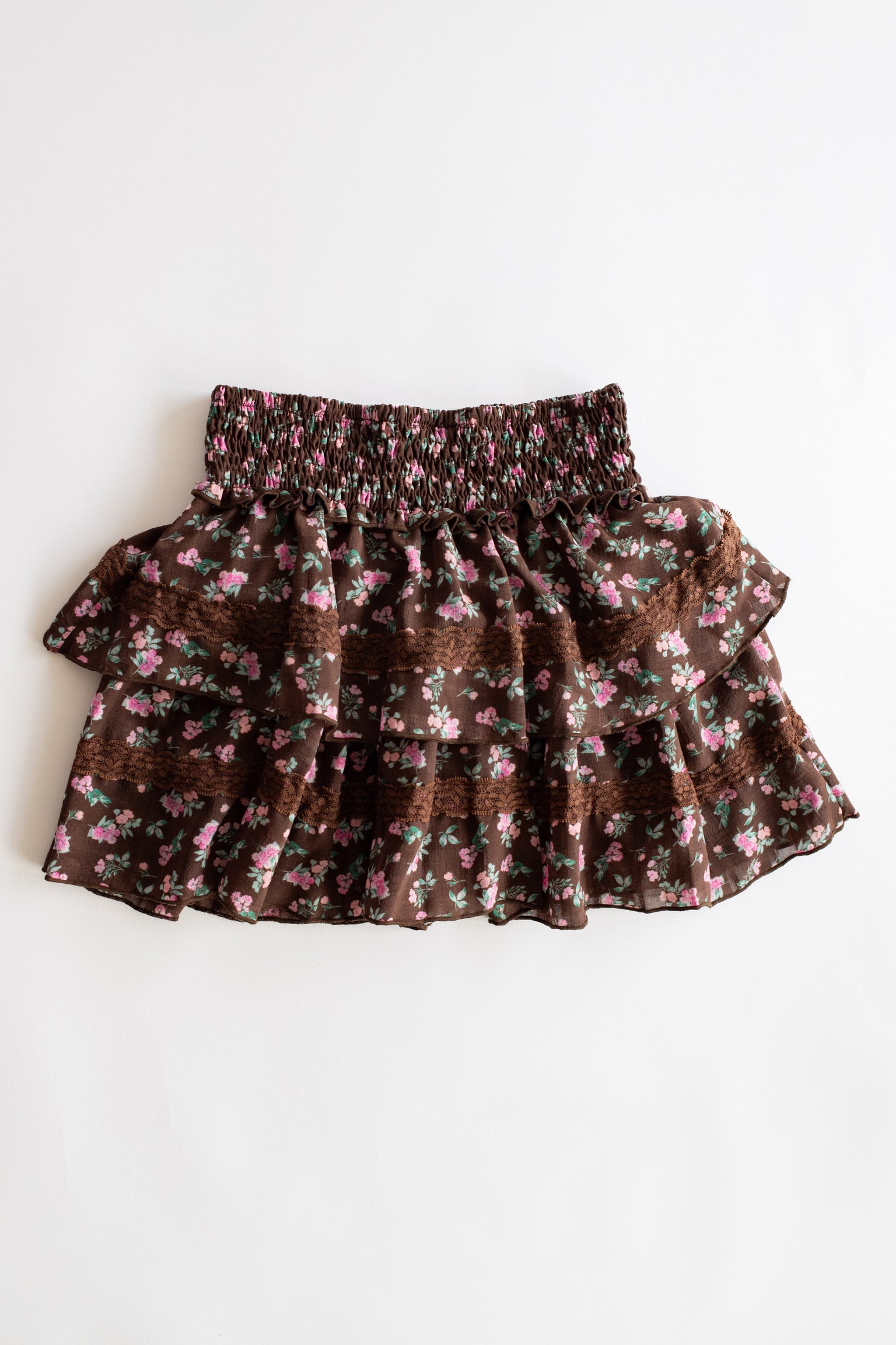 Chiffon + Lace Trim Tiered Skirt | Brown + Pink Floral