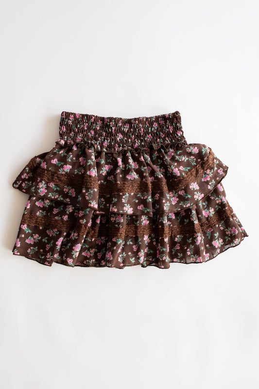 Chiffon + Lace Trim Tiered Skirt | Brown + Pink Floral