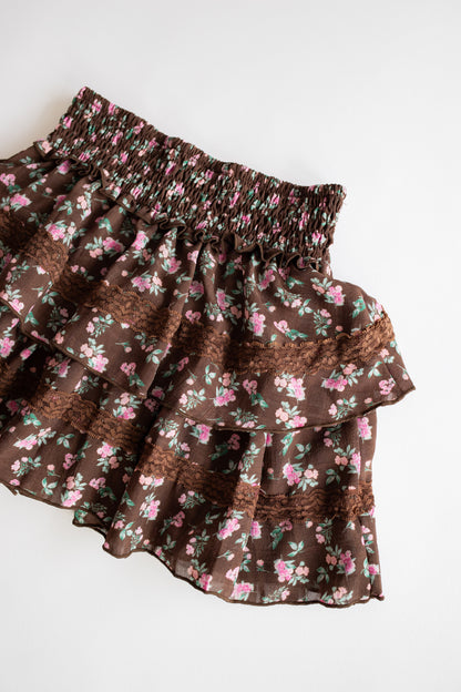 Chiffon + Lace Trim Tiered Skirt | Brown + Pink Floral