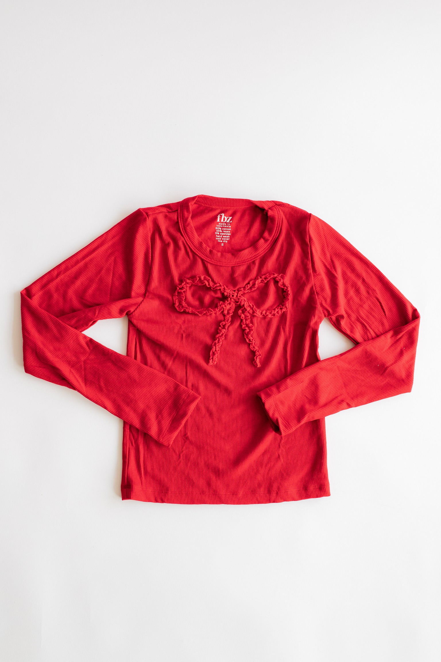 Lace Bow Ribbed Long Sleeve | Red