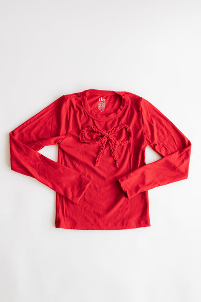 Lace Bow Ribbed Long Sleeve | Red