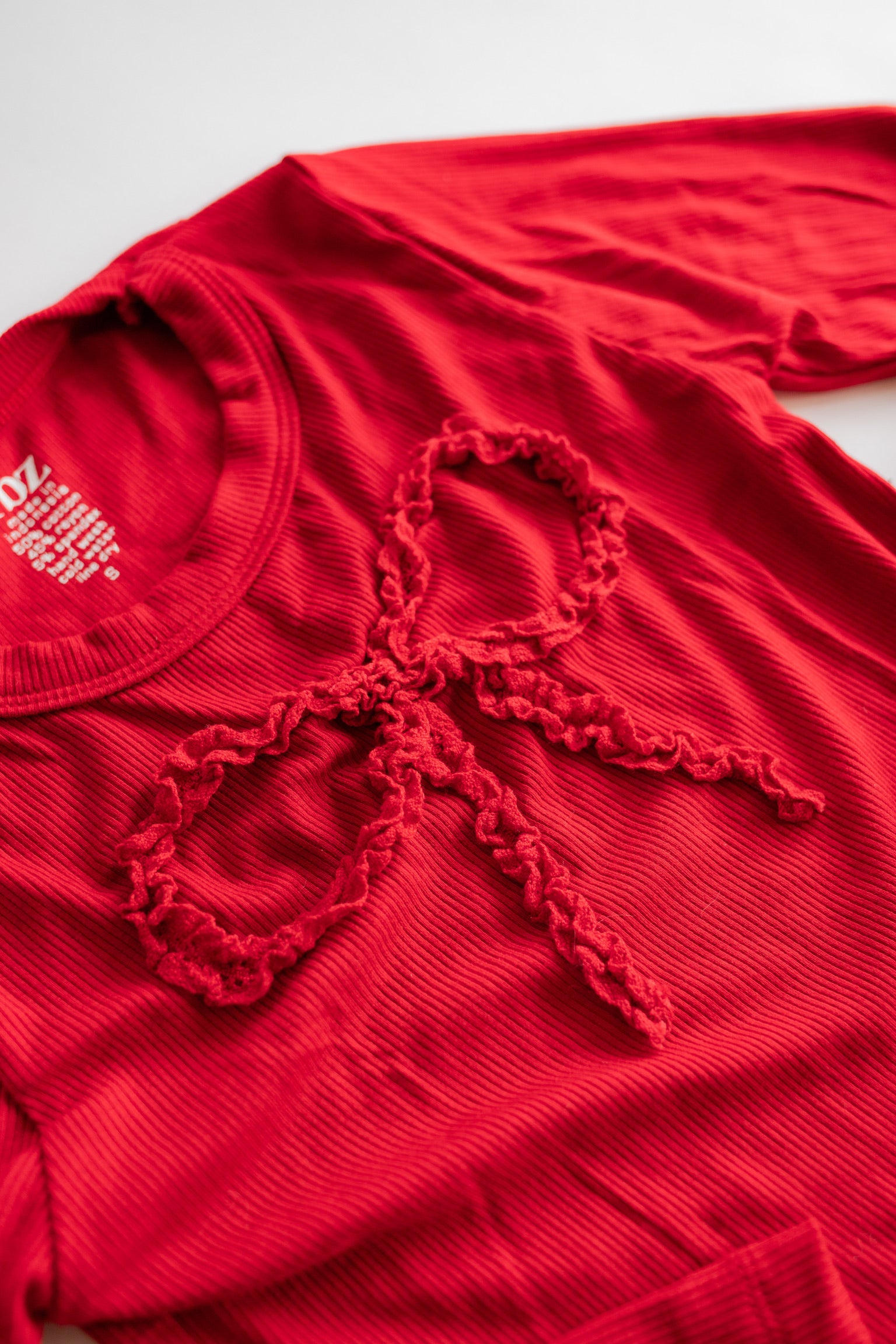 Lace Bow Ribbed Long Sleeve | Red