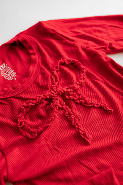 Lace Bow Ribbed Long Sleeve | Red