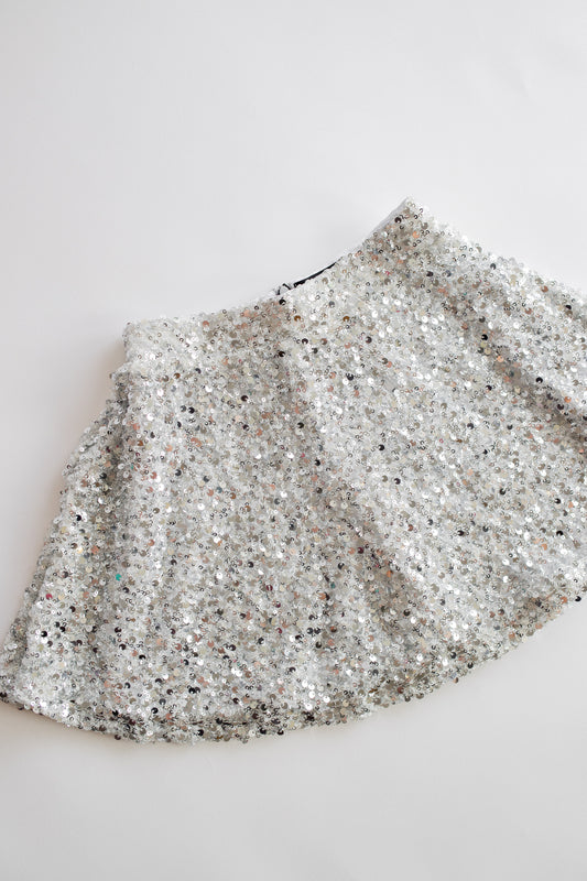 Pleated Sequin Skirt | Silver