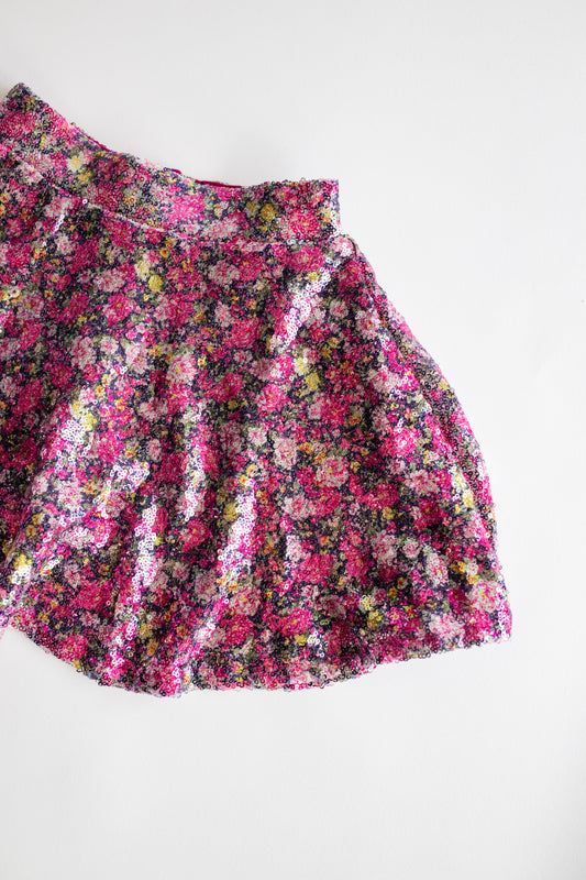 Pleated Floral Sequin Skirt | Pink