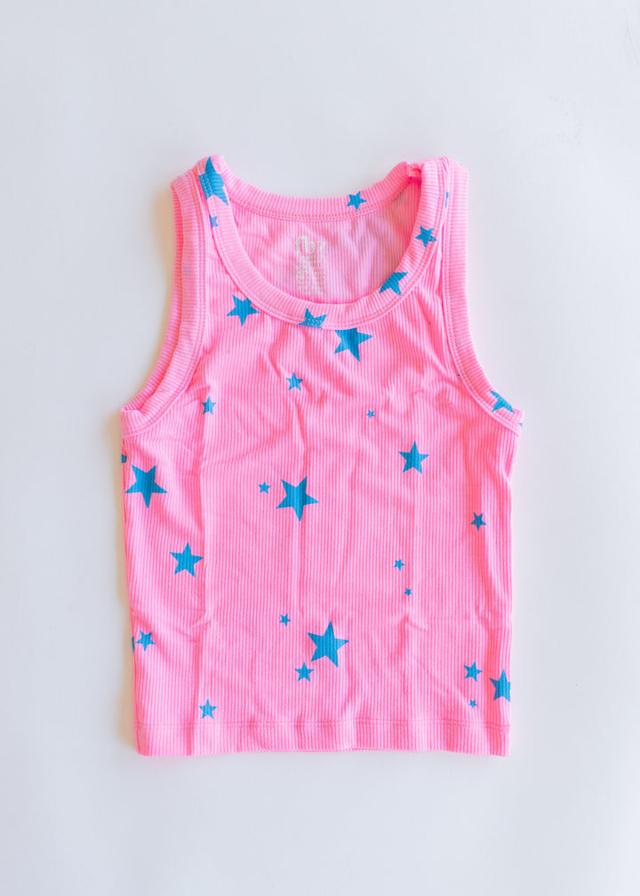 Rib Tank | Pink with Turquoise Stars