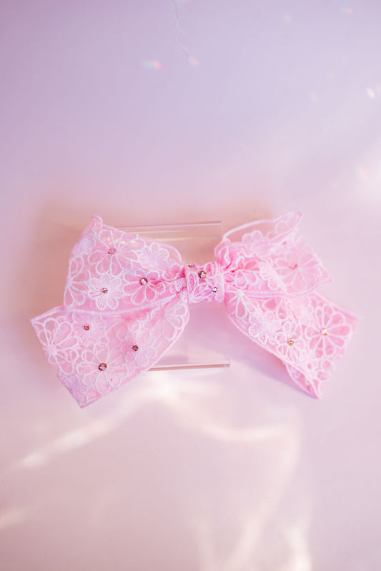 Crystal Lace Hair Bow Clip | Bubblegum Pink