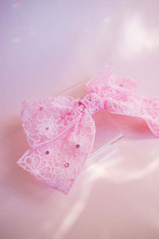 Crystal Lace Hair Bow Clip | Bubblegum Pink