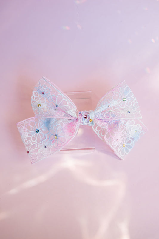 Crystal Lace Hair Bow Clip | Cotton Candy Tie Dye