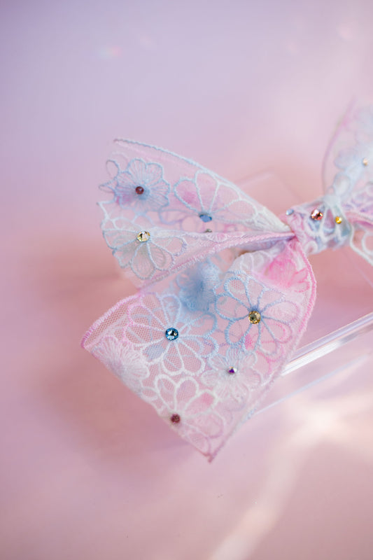 Crystal Lace Hair Bow Clip | Cotton Candy Tie Dye