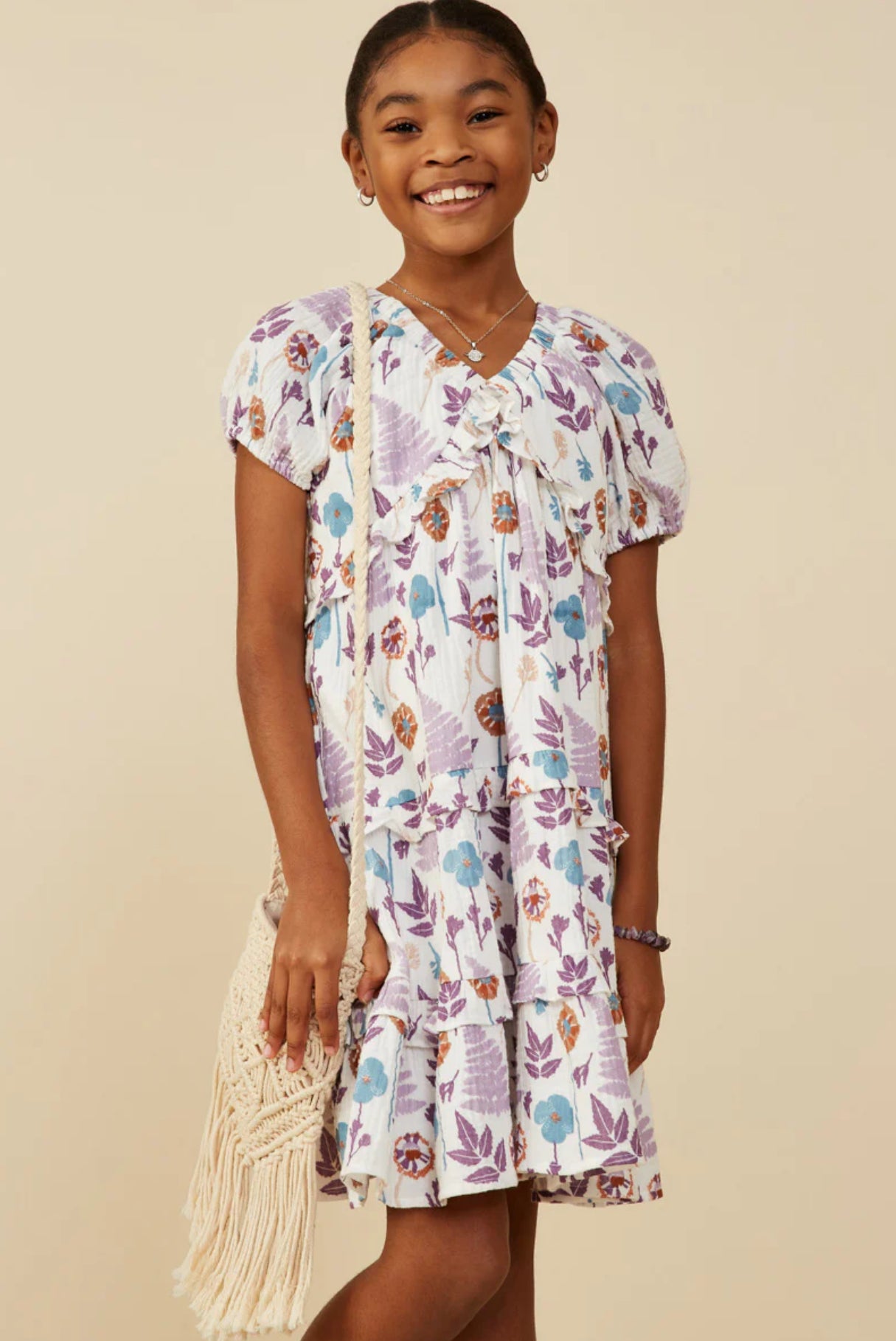 Printed Ruffle Dress, Lavender Mix