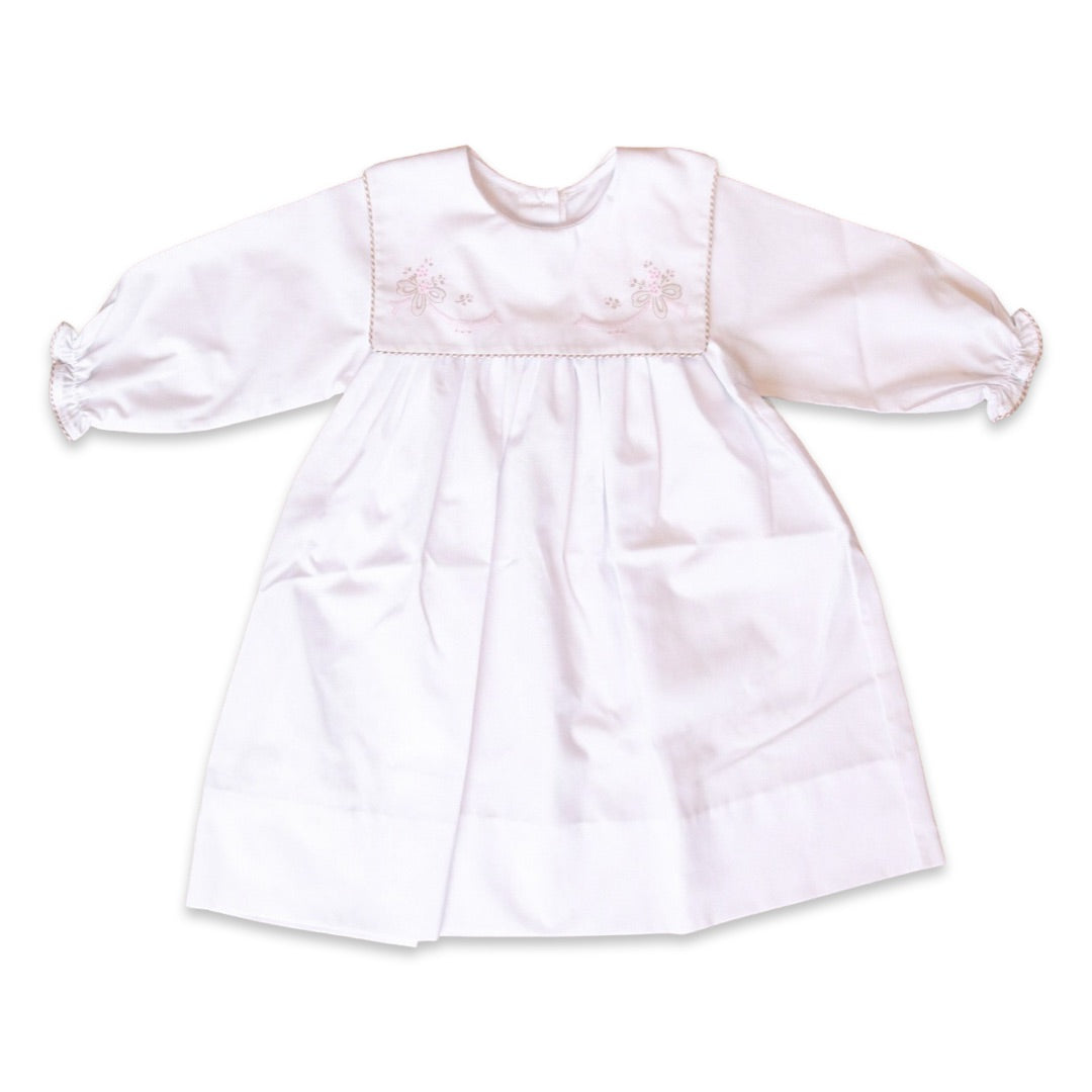 Long Sleeve Floral Ribbon Embroidered Dress | White/Khaki