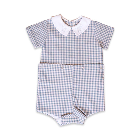 Helicopter Embroidered Boysuit | Blue Plaid