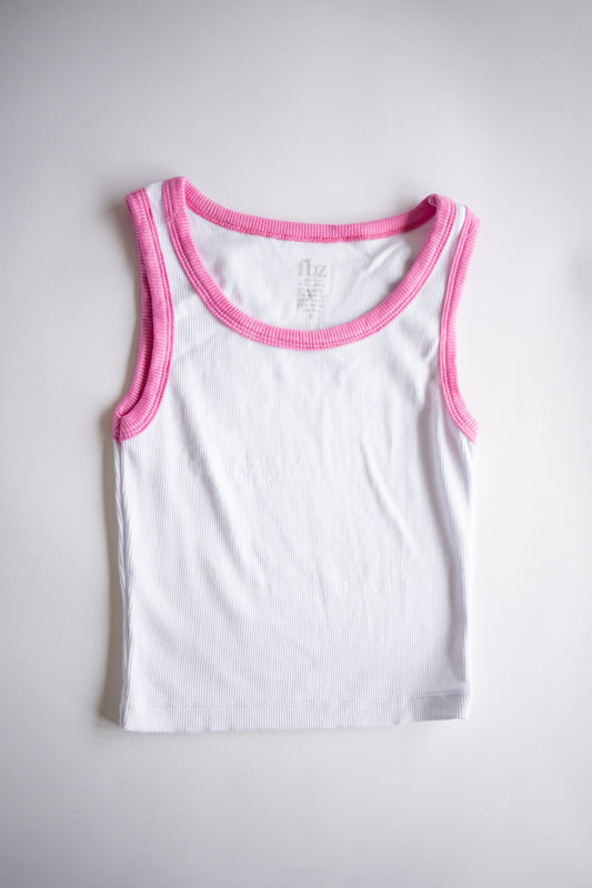 Pink Trim Ribbed Tank | White