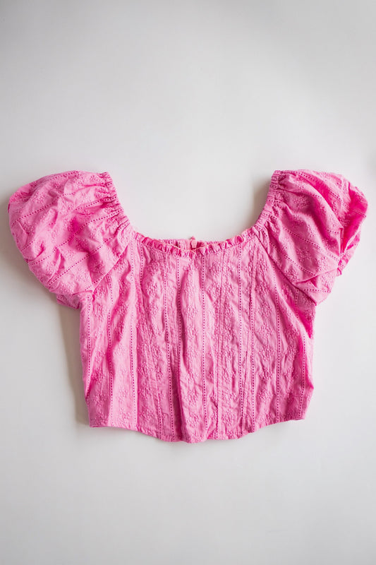 Eyelet Stripe Puff Sleeve Top | Pink