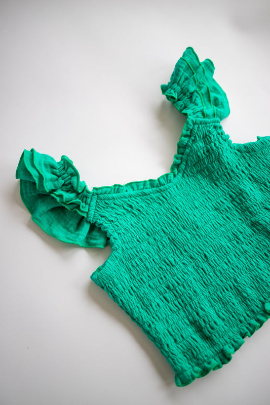 Smocked V Neck Top | Green