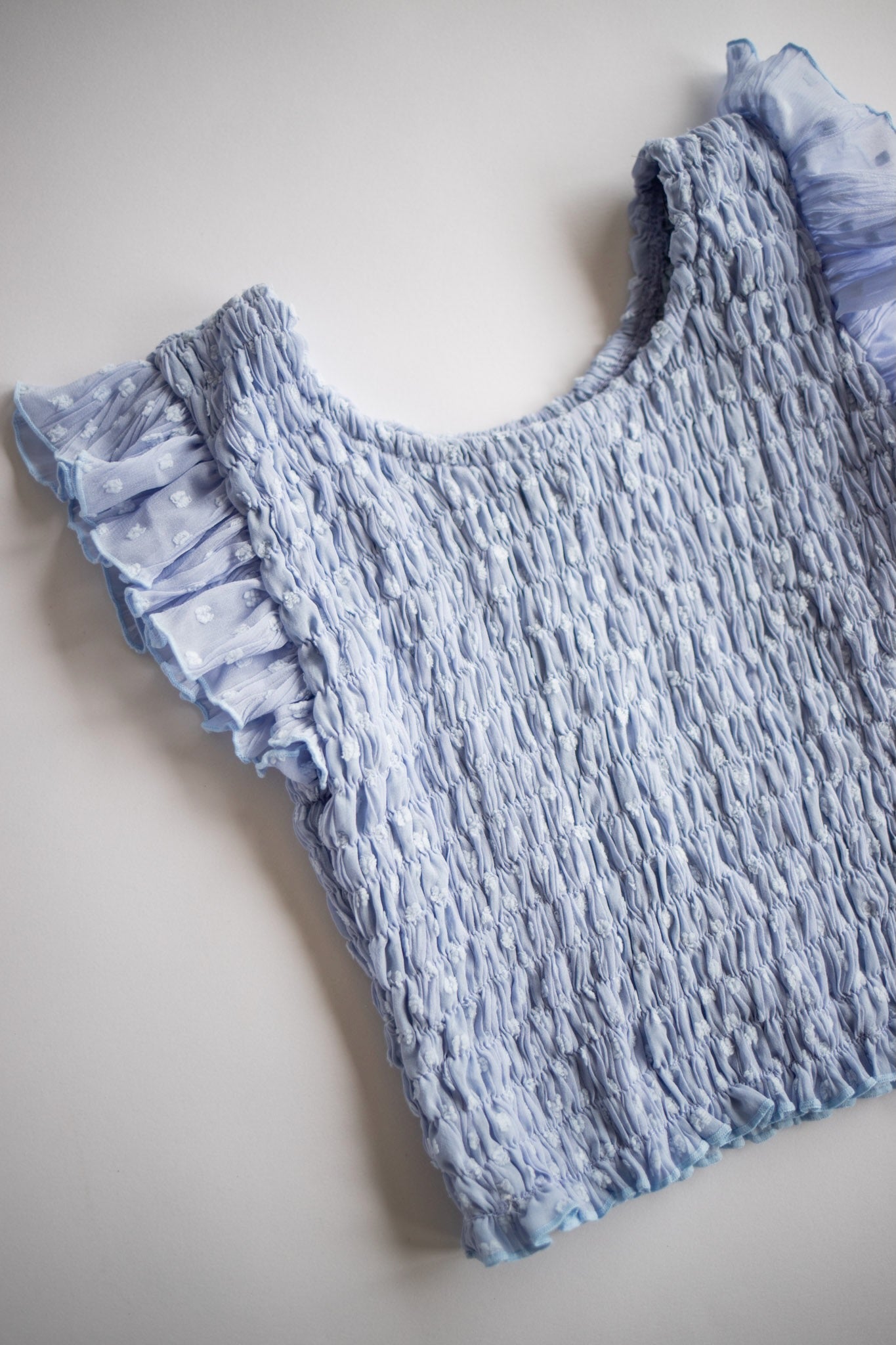 Chiffon Dot Smocked Ruffle Sleeve Top | Light Blue