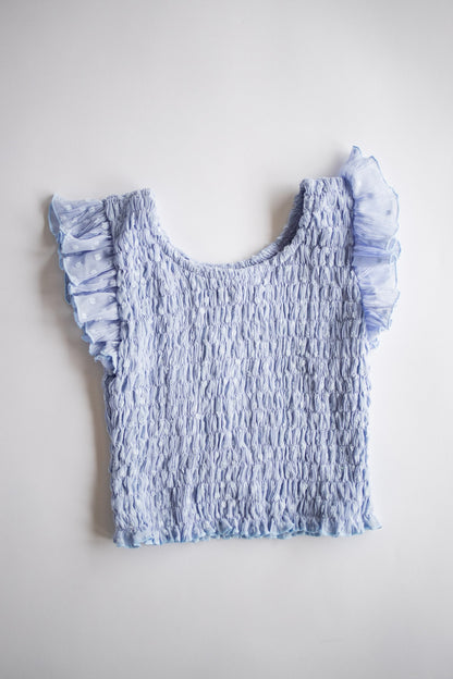Chiffon Dot Smocked Ruffle Sleeve Top | Light Blue