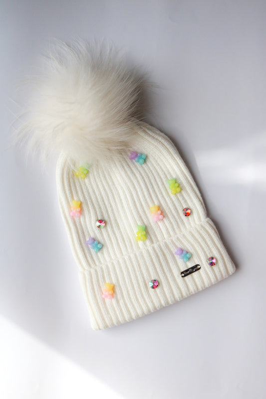Gummy Bear Beanie with Fur Pom | White