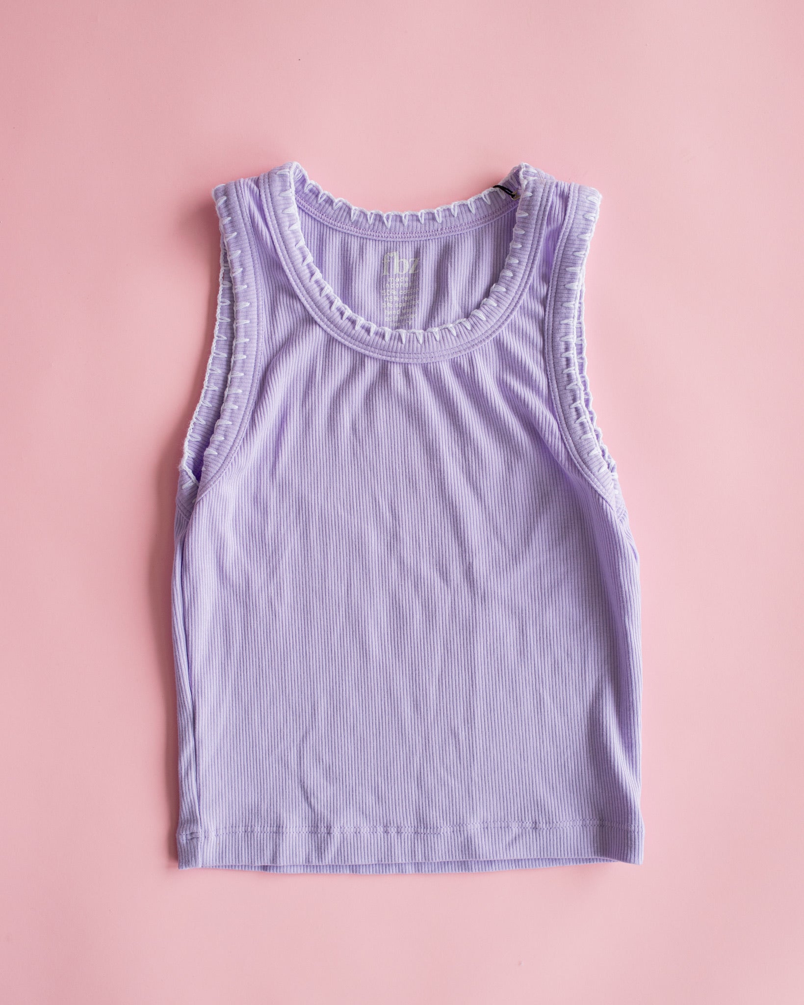Crochet Trim Ribbed Tank | Lavender with White