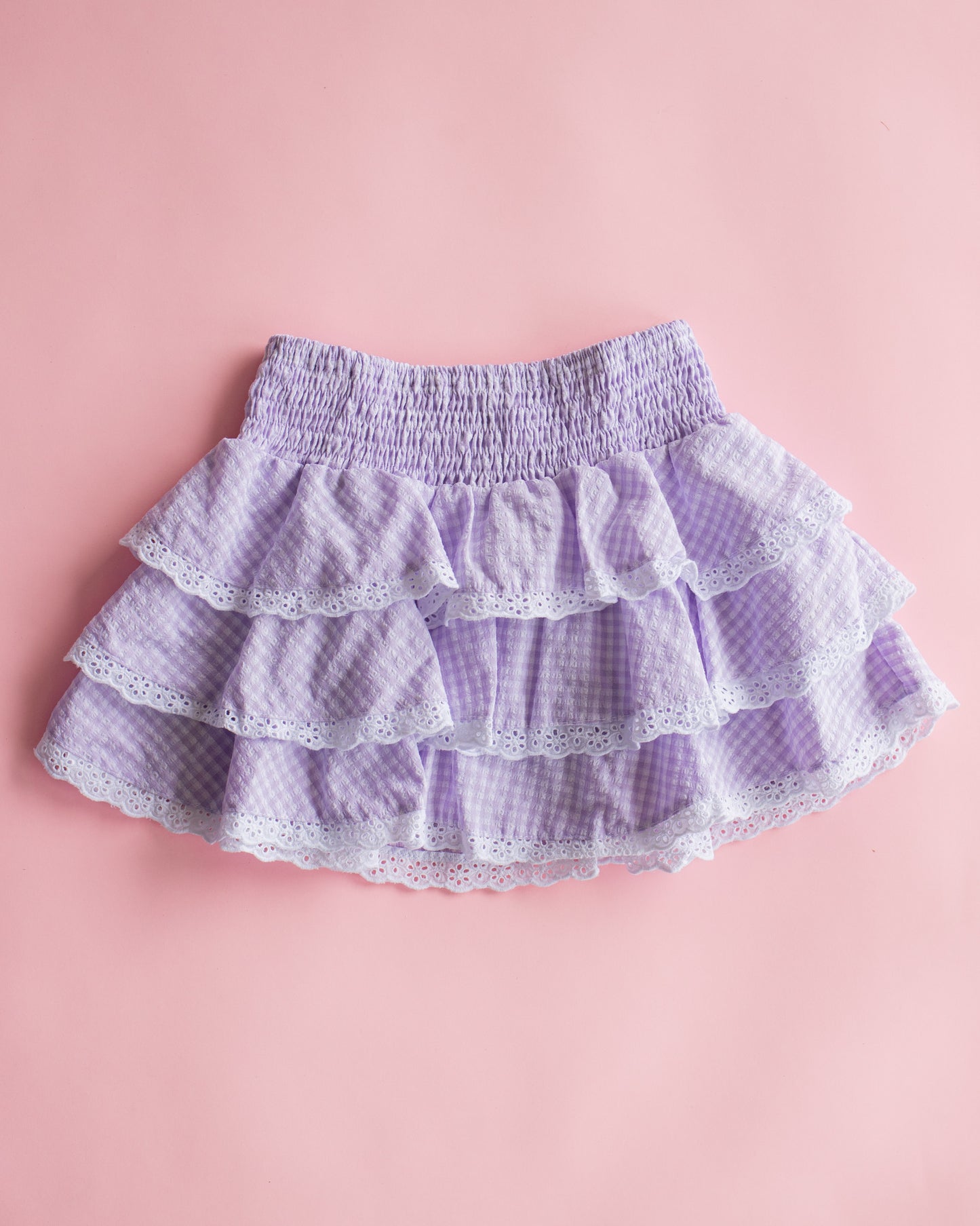 Lace Trim Tiered Skirt | Lavender Gingham