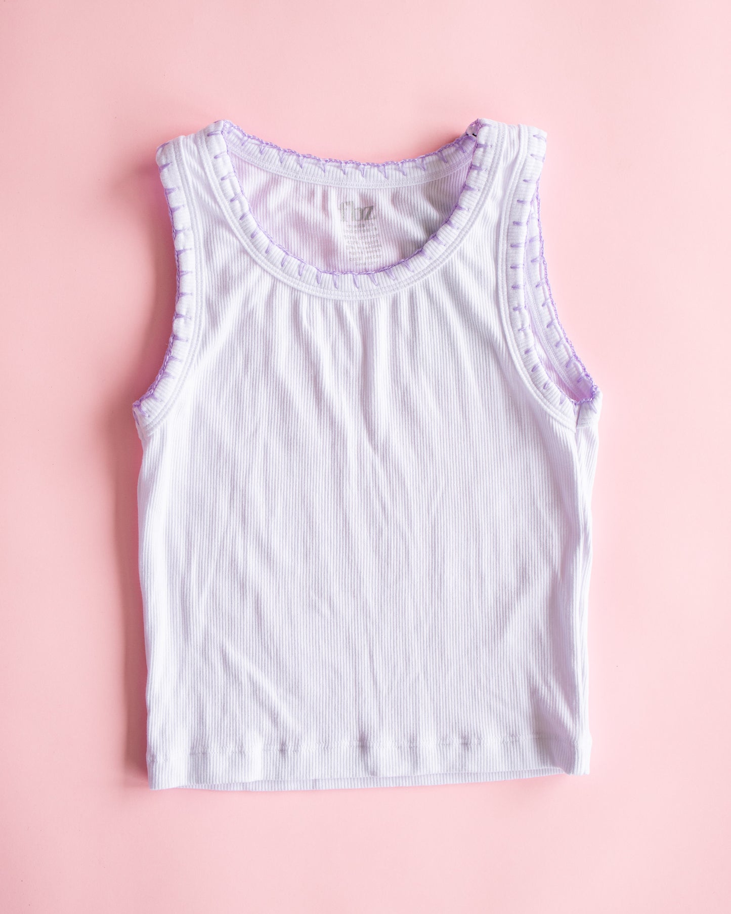 Crochet Trim Ribbed Tank | White with Lavender