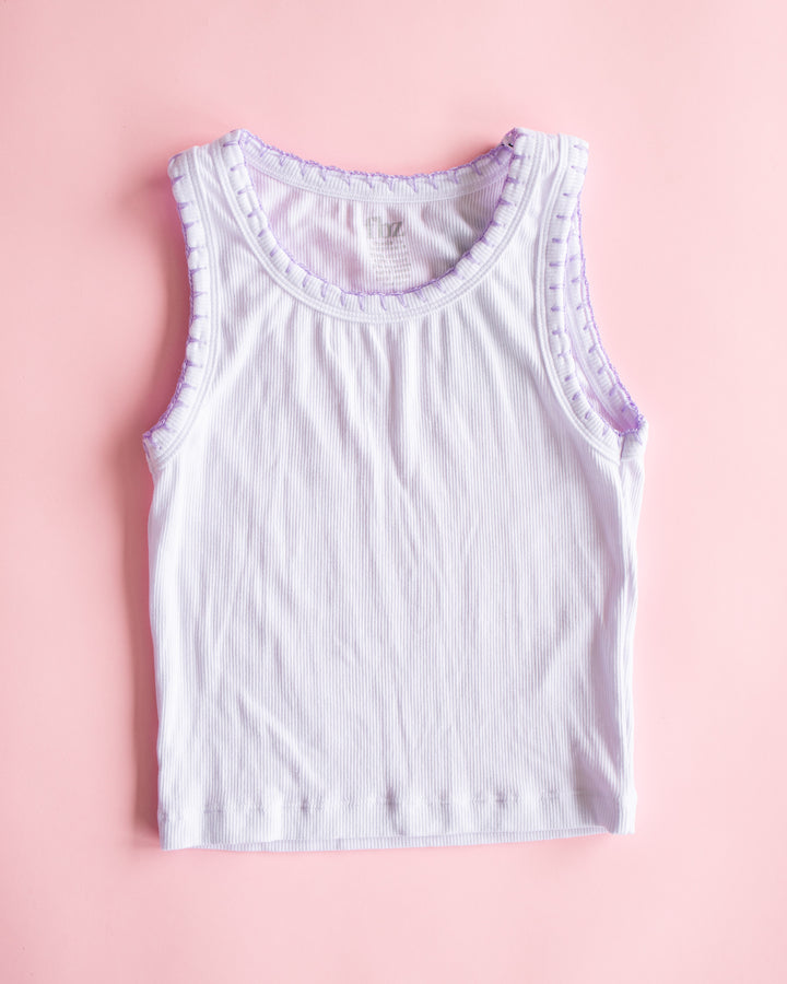 Crochet Trim Ribbed Tank | White with Lavender