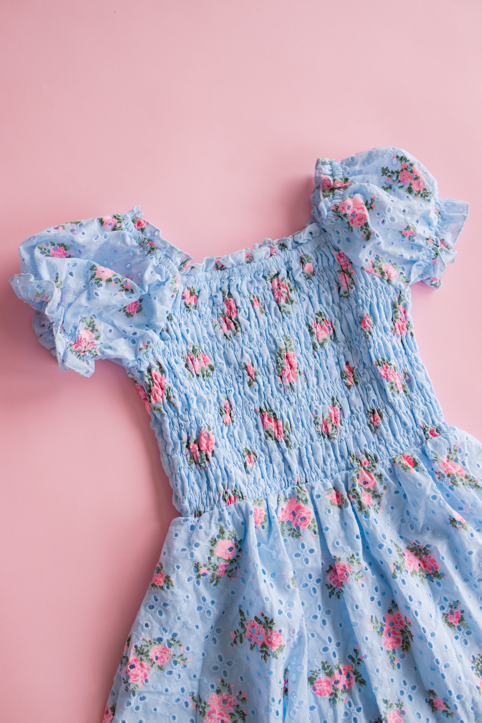 Smocked Eyelet Dress | Blue and Pink Floral