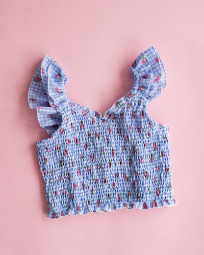 Smocked Top | Blue Floral Gingham