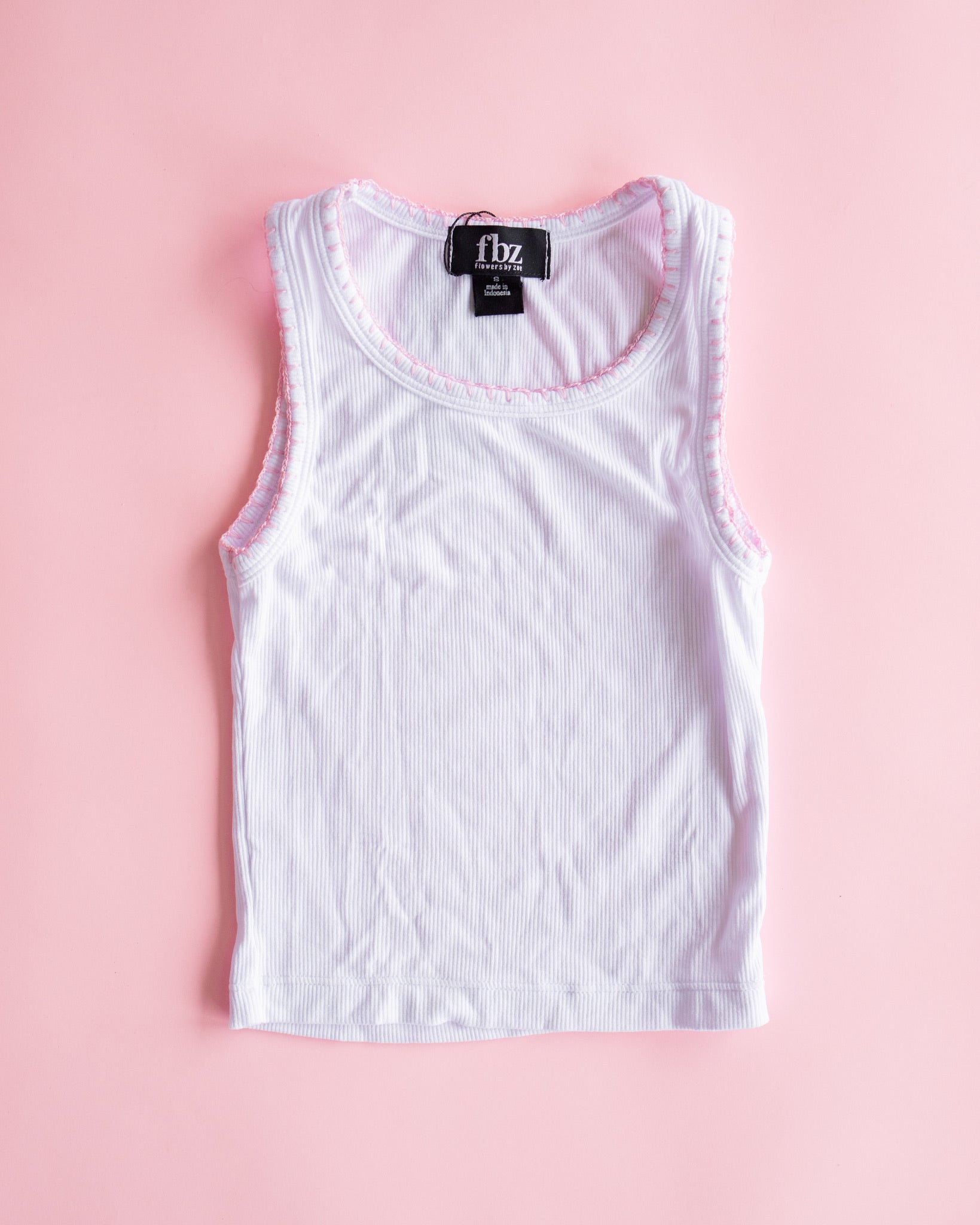 White Ribbed Tank with Pink Crochet Trim