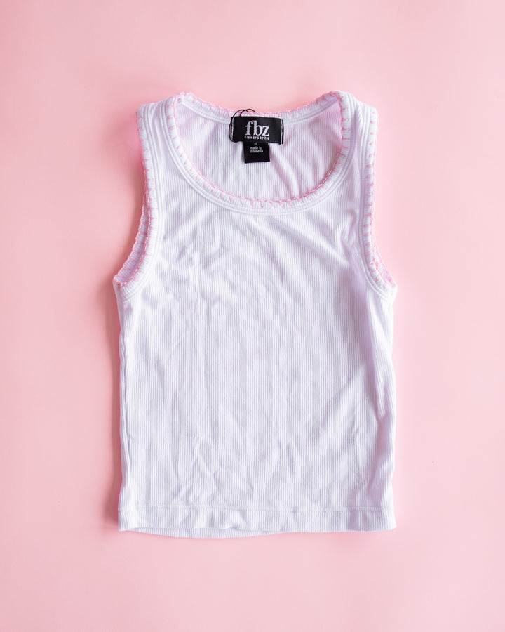 White Ribbed Tank with Pink Crochet Trim