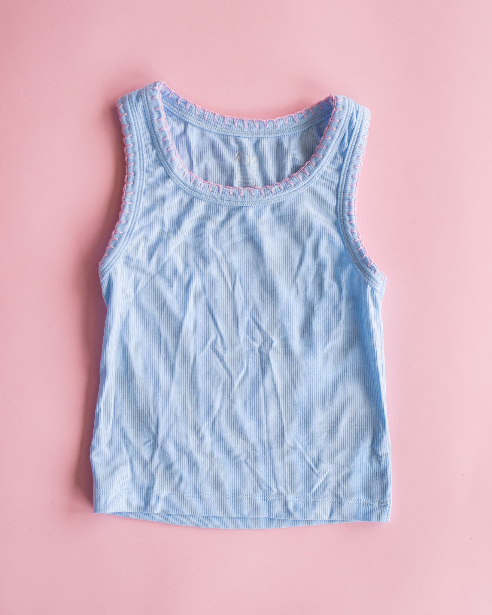 Blue Ribbed Tank with Pink Crochet Trim