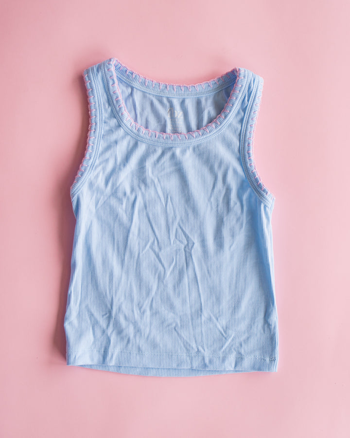 Blue Ribbed Tank with Pink Crochet Trim