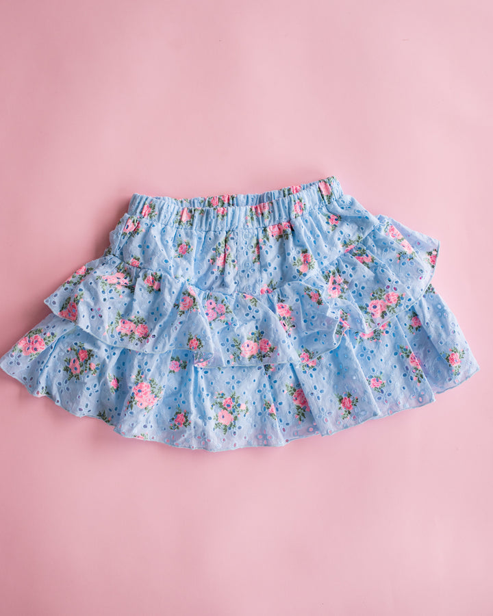 Eyelet Tiered Skirt | Blue and Pink Floral
