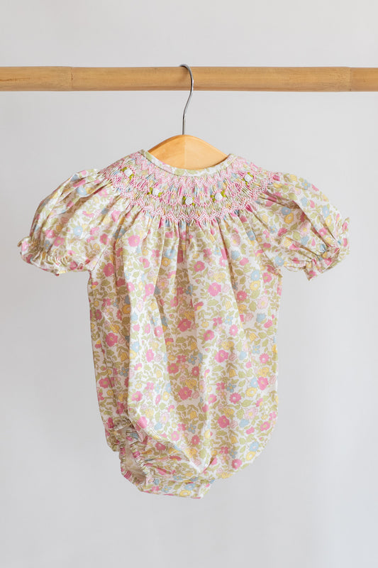 Claire Floral Smocked Bubble | Rose, Blue & Yellow