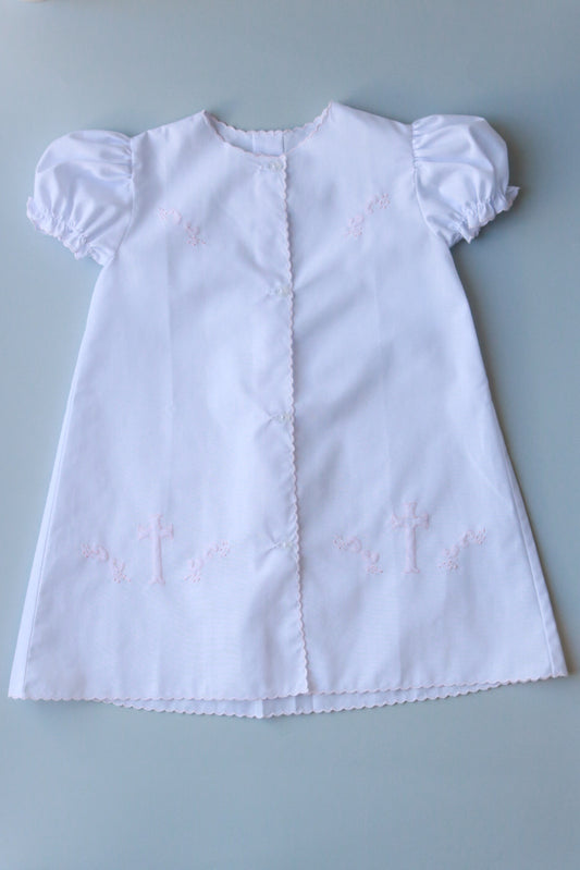 Scallop Trim Cross Embroidered Daygown | White/Pink