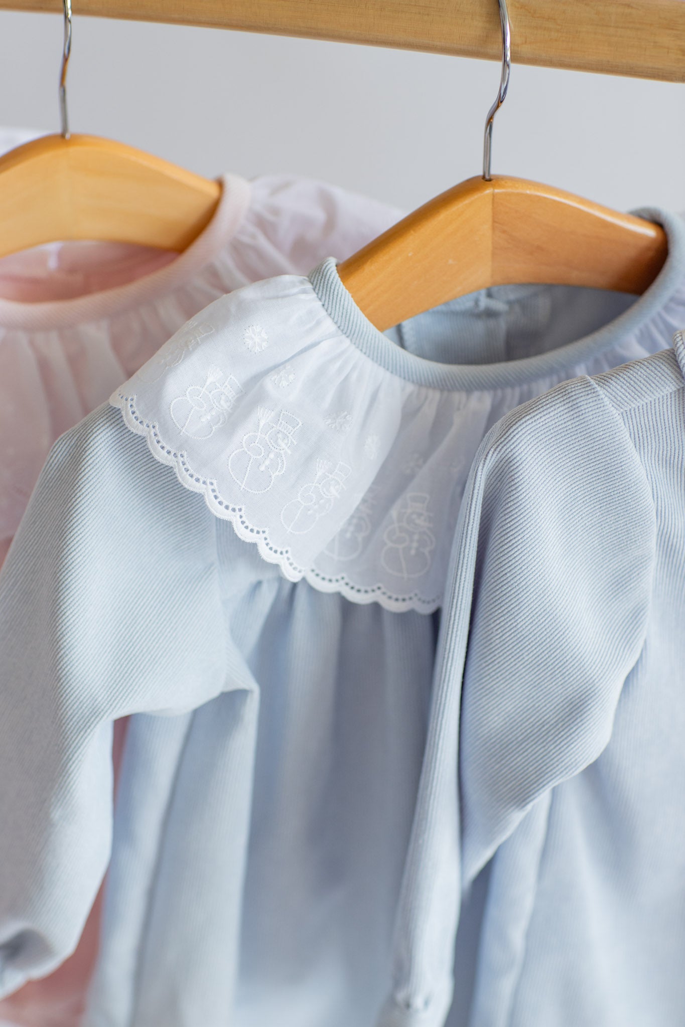 Soft Blue Corduroy Dress with Snowman Lace