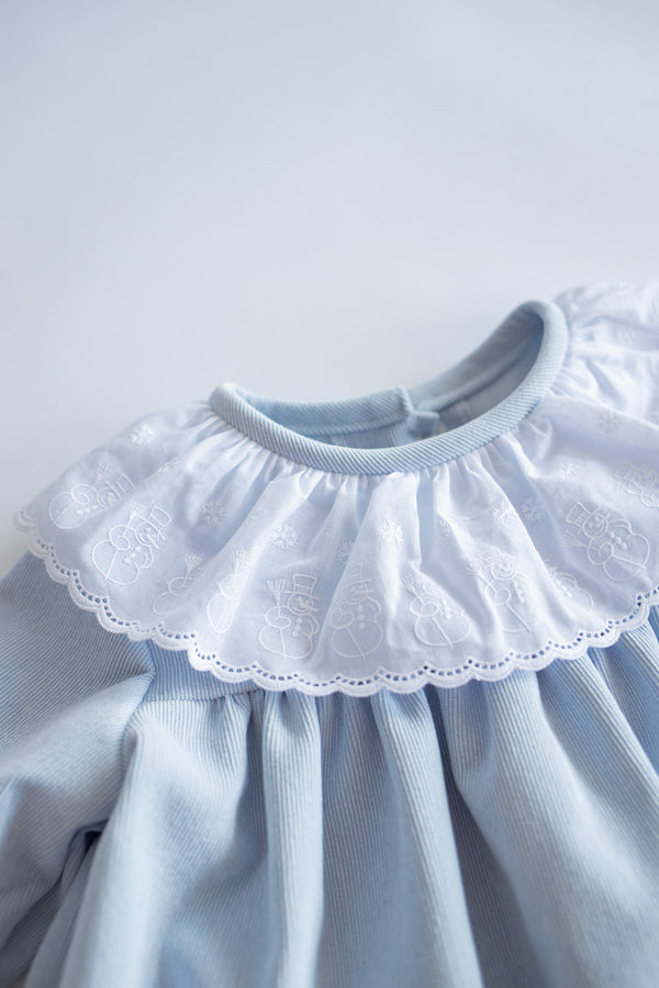 Soft Blue Corduroy Dress with Snowman Lace