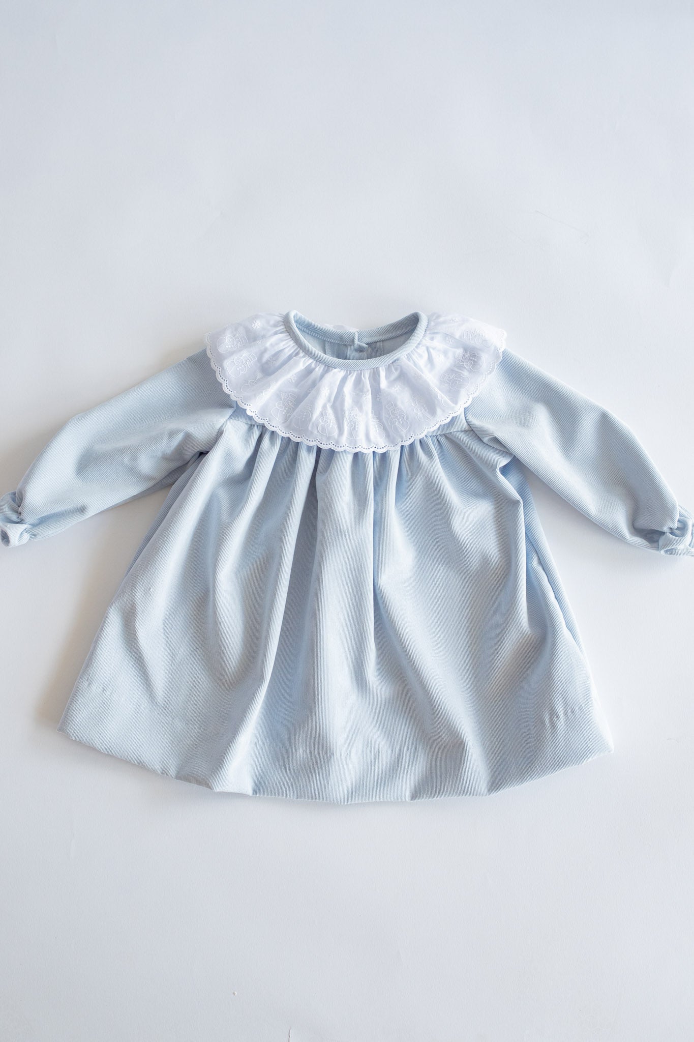 Soft Blue Corduroy Dress with Snowman Lace