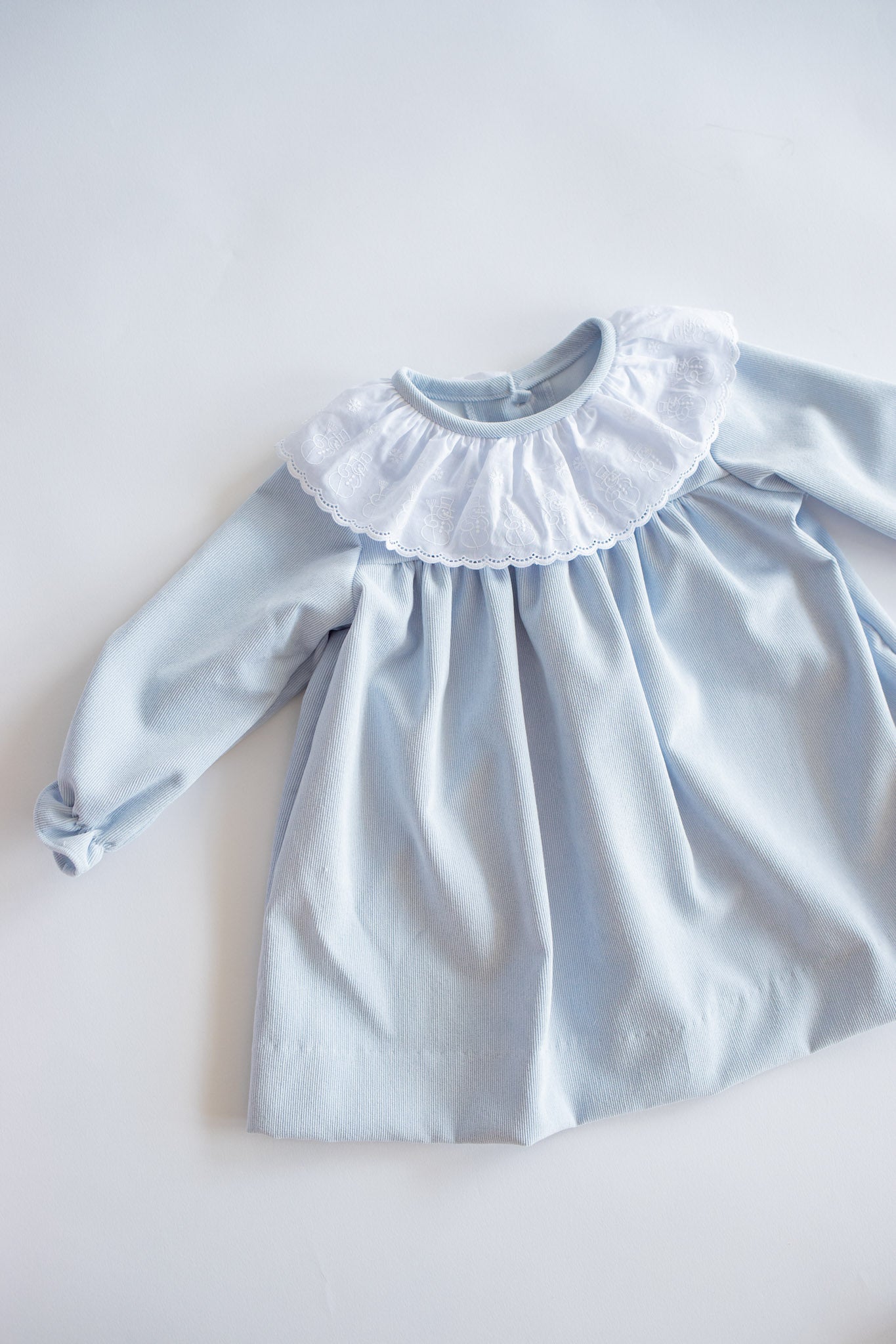 Soft Blue Corduroy Dress with Snowman Lace