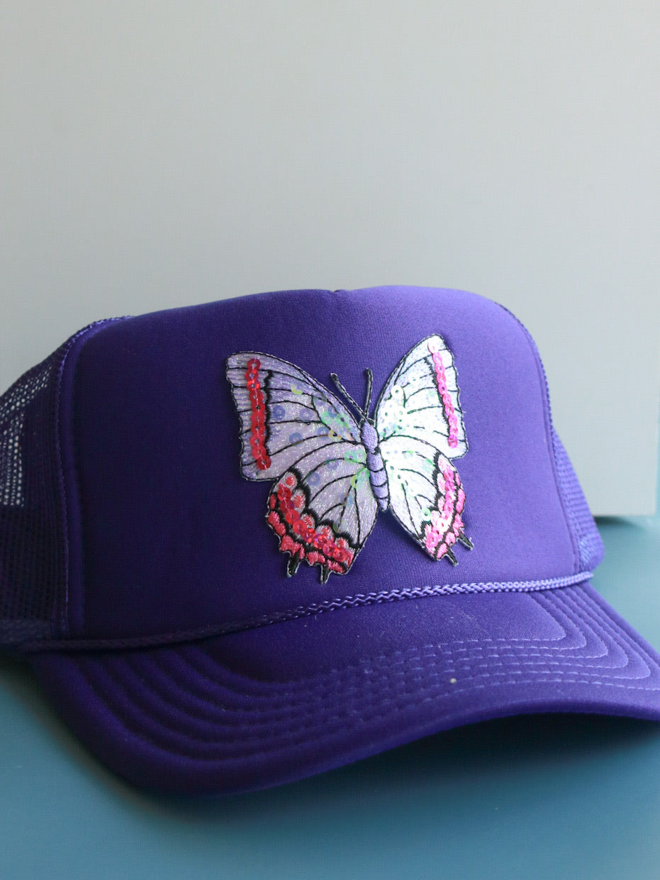 Purple Sequin Butterfly Trucker Hat