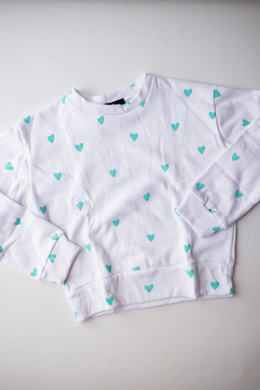 All Over Hearts Sweatshirt | White + Turquoise Hearts